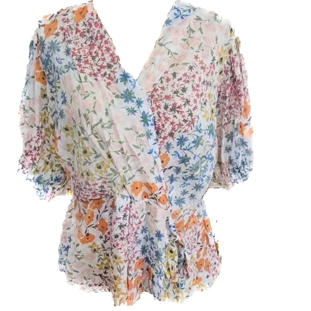 Harve Bernard 3x faux wrap boho floral peasant top